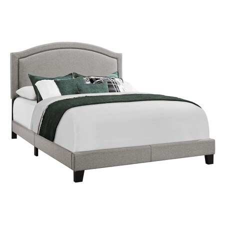 Bed, Queen Size, Platform, Bedroom, Frame, Upholstered, Linen Look, Wood Legs, Grey, Chrome